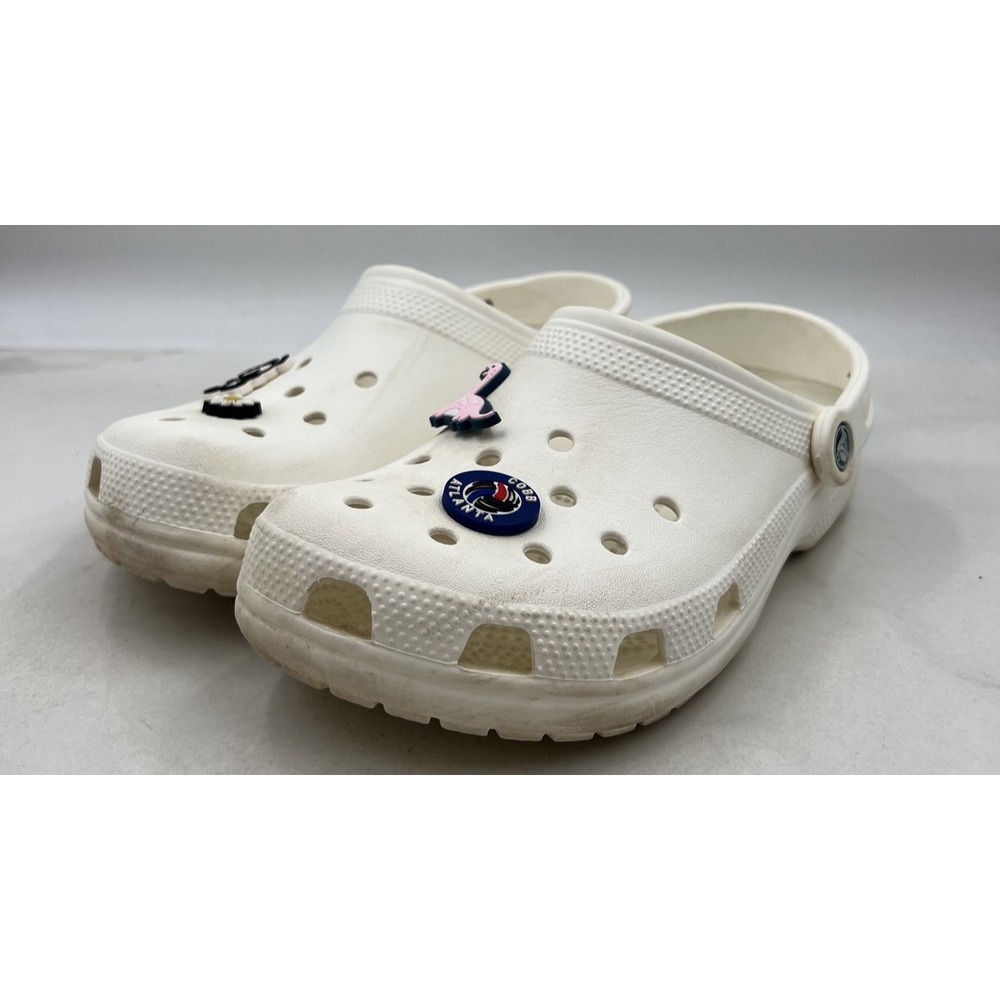 Crocs Classic Clog White Mens 7 Womens 9 Jibbitz Charms Snoopy Dinosaur Clogs